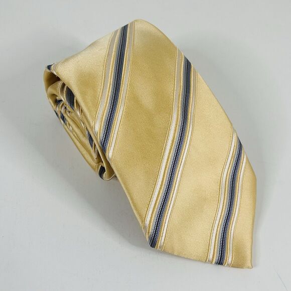 NWT Donald J Trump 100% Silk Necktie Tie Striped Yellow Gold Blue 3 1/2 x 62 - Picture 1 of 4